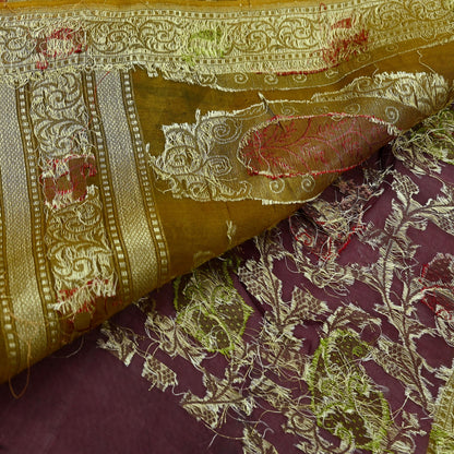 Indian Vintage Sari Green & maroon Hand Woven 100% Pure Organza Silk Saree Craft Fabric 5Yd Dress Making Crafting Quilting Upcycle Fringes