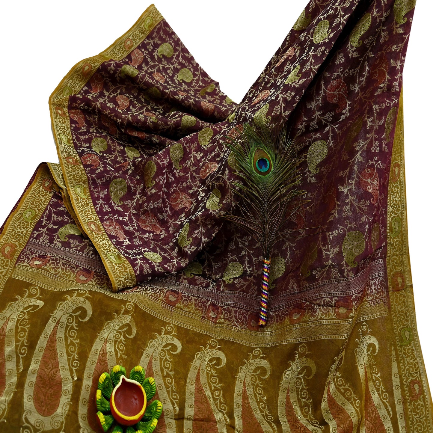 Indian Vintage Sari Green & maroon Hand Woven 100% Pure Organza Silk Saree Craft Fabric 5Yd Dress Making Crafting Quilting Upcycle Fringes