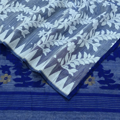 Indian Vintage Sarees White & Blue Cotton Hand Woven Jamdani Sari 5yd Ethnic Floral Craft Fabric Dress making Upcycle Crafting Quilting Zari