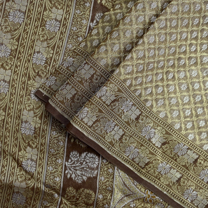 Indian Vintage Sari Brown 100% Pure Silk Hand Woven Sarees Craft Fabric 5Yd Ethnic Sewing Dress making Crafting Quilting Upcycle