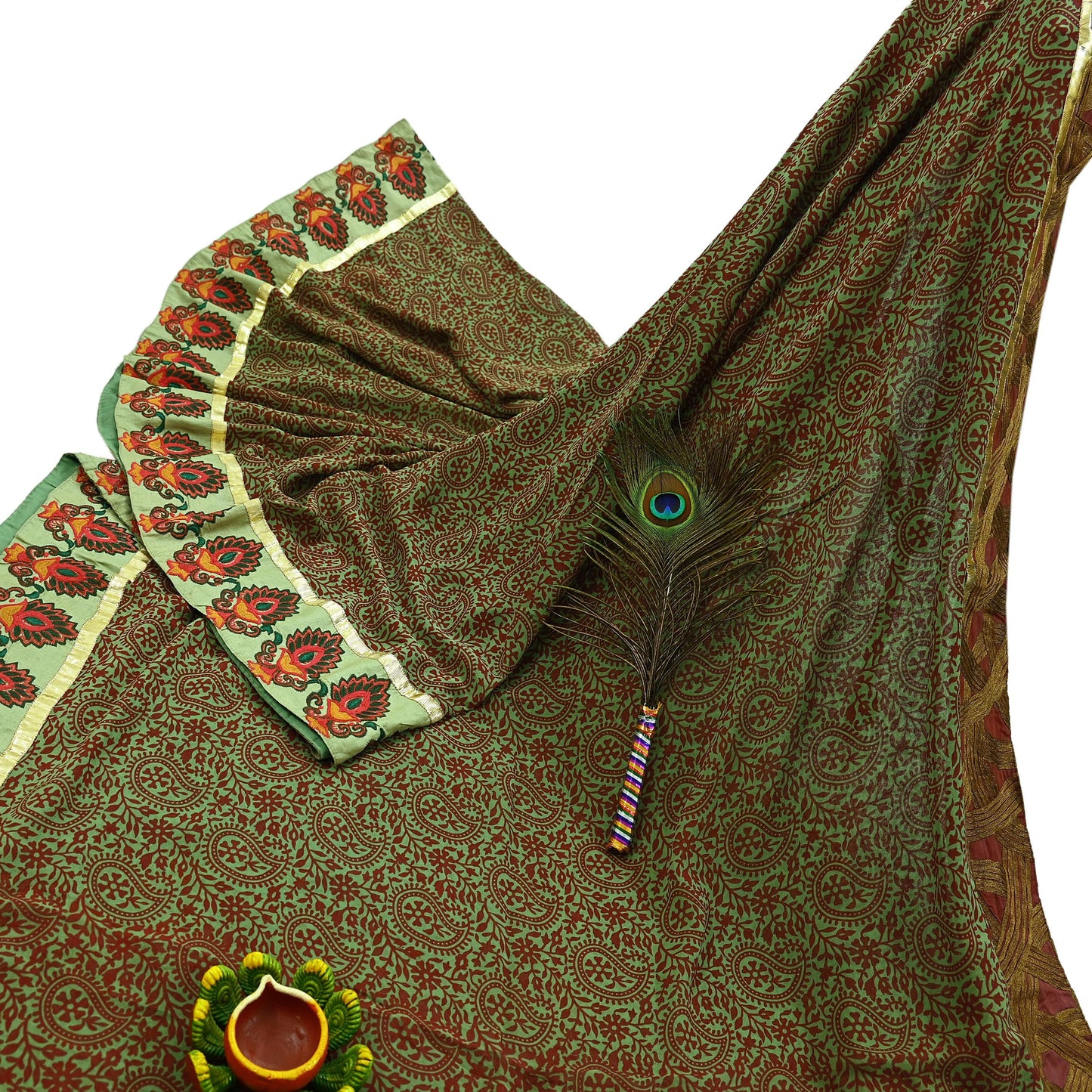 Indian Vintage Green Saree Pure Georgette Silk Hand Embroidered Sari Craft Fabric 5Yd Ethnic Soft Dress making Crafting Quilting