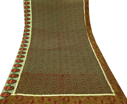 Indian Vintage Green Saree Pure Georgette Silk Hand Embroidered Sari Craft Fabric 5Yd Ethnic Soft Dress making Crafting Quilting