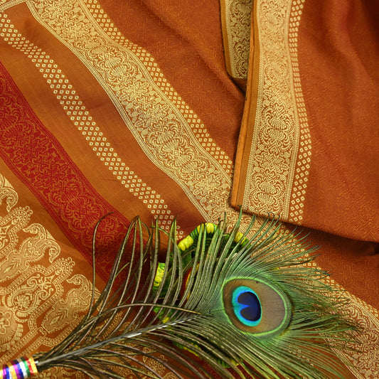 Indian Vintage Saree Mustard 100% Pure Silk Hand Woven Sari Craft Fabric 5Yd Ethnic Floral Dress making Crafting Upcycle Quilting Bollywood