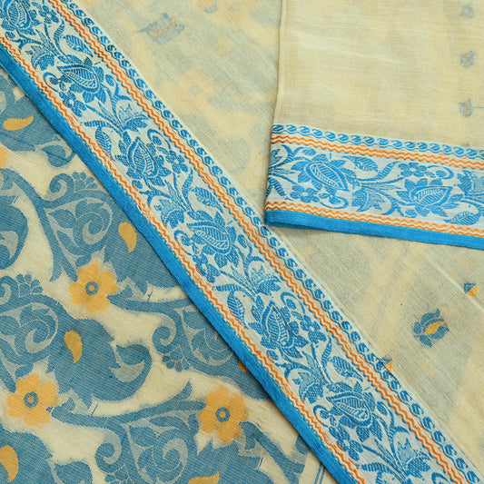 Indian Vintage Sari Beige Pure Cotton Hand Woven Sarees Craft Fabric 5yd Ethnic Floral Crafting Upcycle Quilting Dress Making Quilting