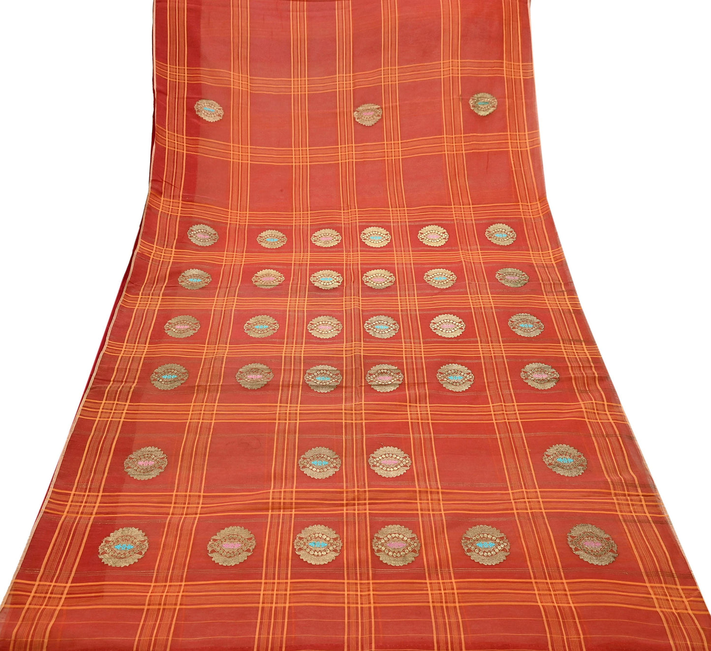 Indian Vintage Sari Orange Pure Cotton Hand Woven Sarees Craft Fabric 5Yd Sewing Soft Crafting Dress making Upcycle Quilting Zari