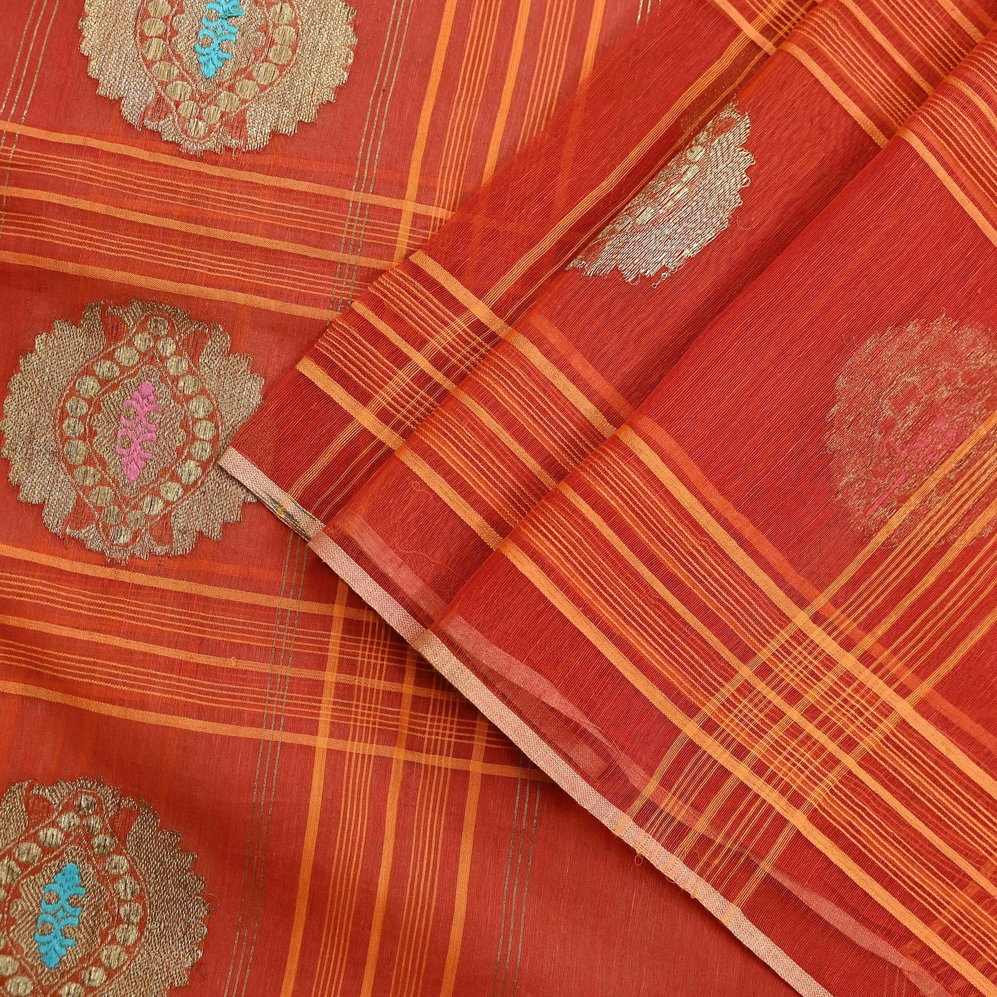 Indian Vintage Sari Orange Pure Cotton Hand Woven Sarees Craft Fabric 5Yd Sewing Soft Crafting Dress making Upcycle Quilting Zari
