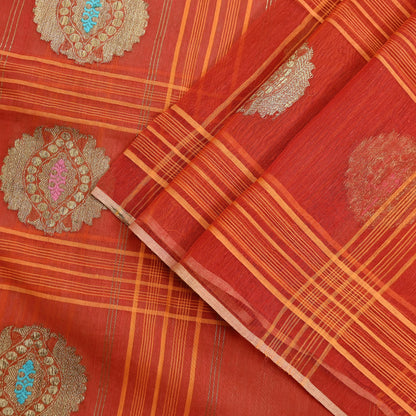 Indian Vintage Sari Orange Pure Cotton Hand Woven Sarees Craft Fabric 5Yd Sewing Soft Crafting Dress making Upcycle Quilting Zari