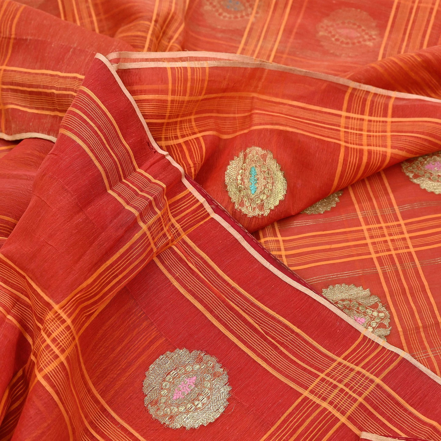 Indian Vintage Sari Orange Pure Cotton Hand Woven Sarees Craft Fabric 5Yd Sewing Soft Crafting Dress making Upcycle Quilting Zari