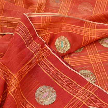 Indian Vintage Sari Orange Pure Cotton Hand Woven Sarees Craft Fabric 5Yd Sewing Soft Crafting Dress making Upcycle Quilting Zari
