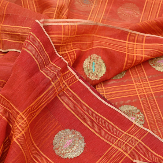 Indian Vintage Sari Orange Pure Cotton Hand Woven Sarees Craft Fabric 5Yd Sewing Soft Crafting Dress making Upcycle Quilting Zari