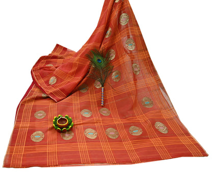 Indian Vintage Sari Orange Pure Cotton Hand Woven Sarees Craft Fabric 5Yd Sewing Soft Crafting Dress making Upcycle Quilting Zari