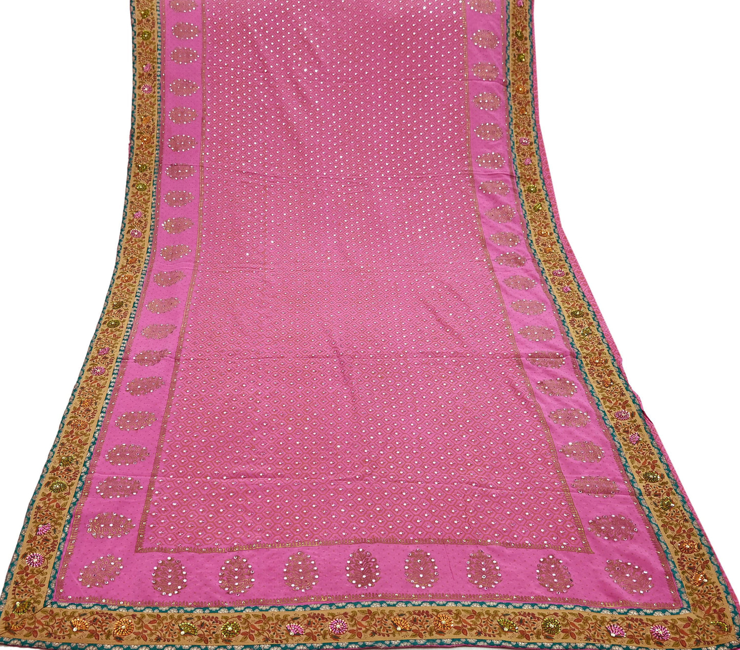Indian Vintage Sari Pink Pure Crepe Silk Hand Embroidered Painted Saree 5yd Sewing Craft Fabric Dress Making Crafting Quilting Sequins