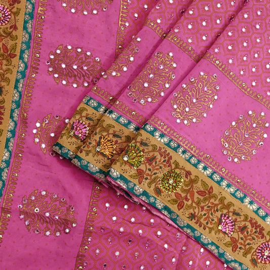 Indian Vintage Sari Pink Pure Crepe Silk Hand Embroidered Painted Saree 5yd Sewing Craft Fabric Dress Making Crafting Quilting Sequins