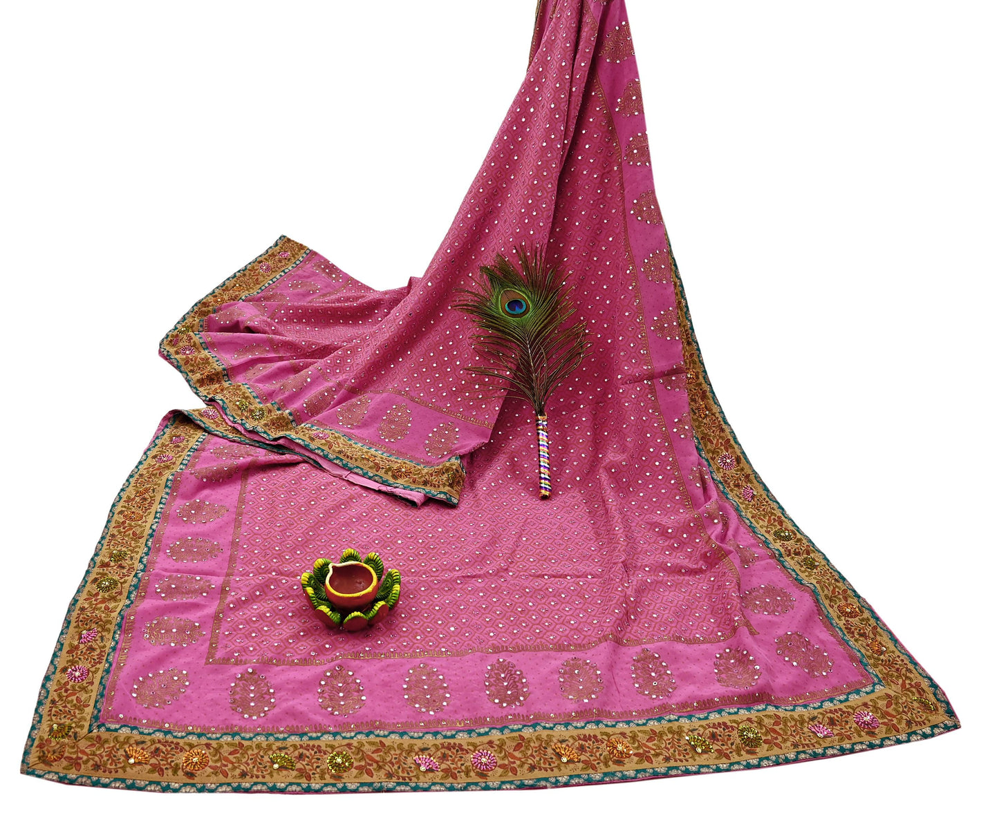 Indian Vintage Sari Pink Pure Crepe Silk Hand Embroidered Painted Saree 5yd Sewing Craft Fabric Dress Making Crafting Quilting Sequins