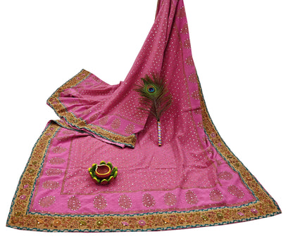 Indian Vintage Sari Pink Pure Crepe Silk Hand Embroidered Painted Saree 5yd Sewing Craft Fabric Dress Making Crafting Quilting Sequins