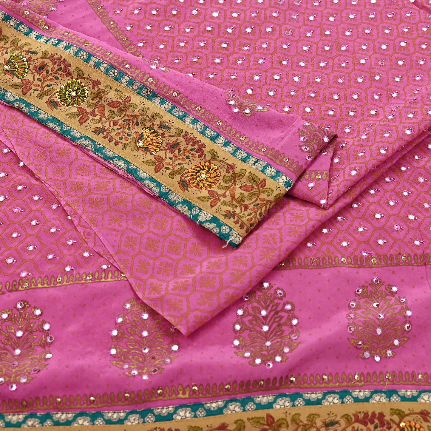Indian Vintage Sari Pink Pure Crepe Silk Hand Embroidered Painted Saree 5yd Sewing Craft Fabric Dress Making Crafting Quilting Sequins
