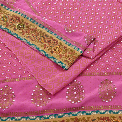Indian Vintage Sari Pink Pure Crepe Silk Hand Embroidered Painted Saree 5yd Sewing Craft Fabric Dress Making Crafting Quilting Sequins