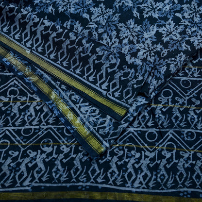 Indian Vintage Sari Black Pure chanderi Silk Bagru Printed Sarees Fabric 5Yd Floral Soft Golden Zari Border Ethnic Dress making Upcycle