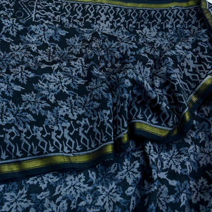 Indian Vintage Sari Black Pure chanderi Silk Bagru Printed Sarees Fabric 5Yd Floral Soft Golden Zari Border Ethnic Dress making Upcycle