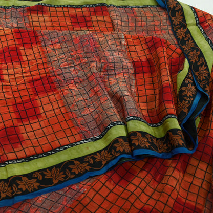 Indian Vintage Sari Orange & Red Pure Crepe Silk Printed Saree 5yd Sewing Floral Soft Craft Fabric Wrap Dress making Crafting Quilting