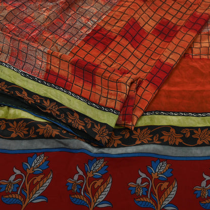 Indian Vintage Sari Orange & Red Pure Crepe Silk Printed Saree 5yd Sewing Floral Soft Craft Fabric Wrap Dress making Crafting Quilting