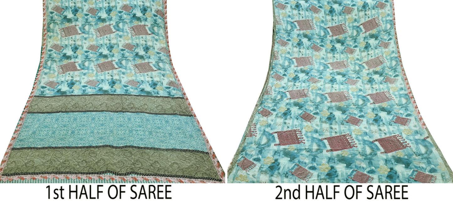 Indian Vintage Sari Blue Pure Crepe Silk Printed Saree 5yd Sewing Floral Soft Craft Fabric Wrap Dress making Crafting Quilting