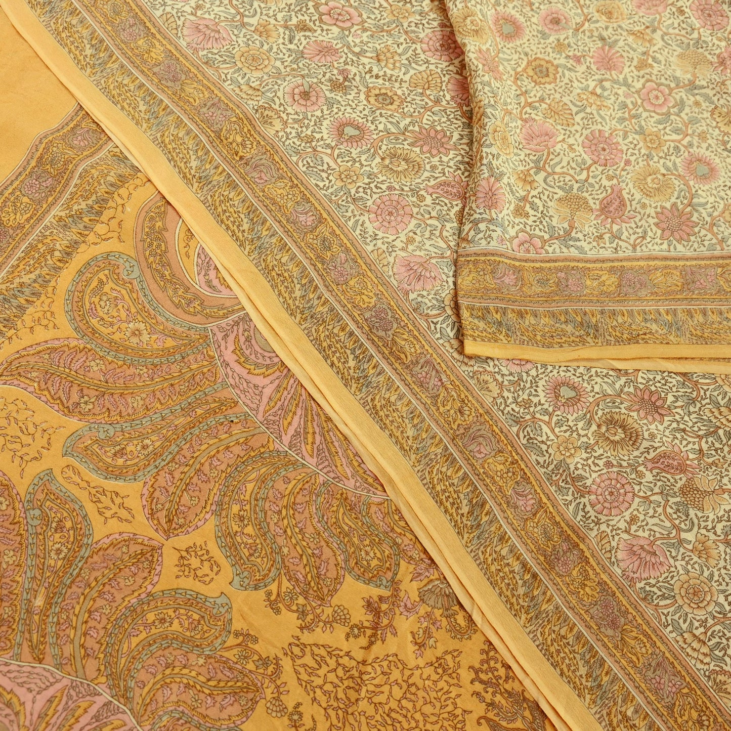 Indian Vintage Sari Beige Pure Crepe Silk Printed Sarees 5yd Sewing Floral Soft Craft Fabric Wrap Dress making Crafting Quilting Used
