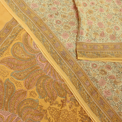 Indian Vintage Sari Beige Pure Crepe Silk Printed Sarees 5yd Sewing Floral Soft Craft Fabric Wrap Dress making Crafting Quilting Used