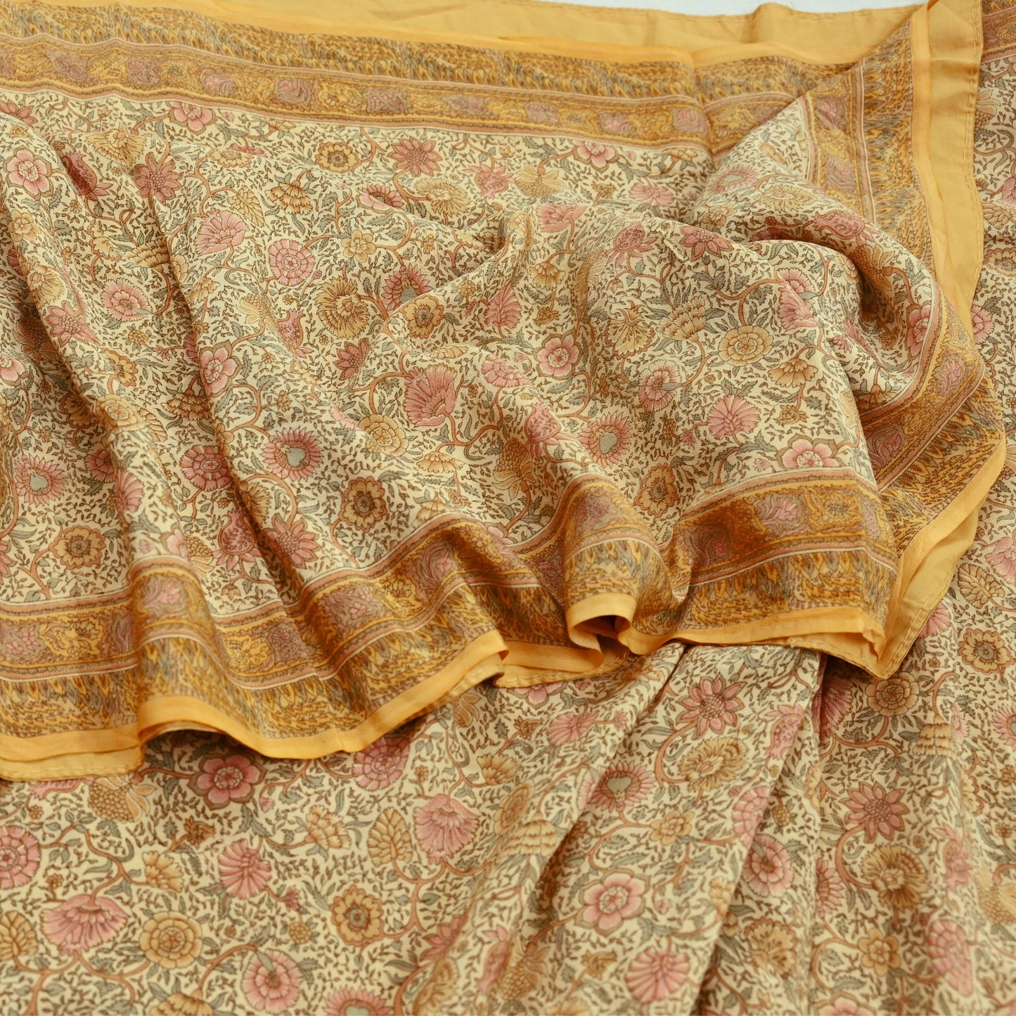 Indian Vintage Sari Beige Pure Crepe Silk Printed Sarees 5yd Sewing Floral Soft Craft Fabric Wrap Dress making Crafting Quilting Used