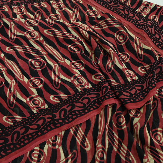 Indian Women Vintage Sari Black & Brown 100% Pure Georgette Silk Printed Saree Sewing 5yd Soft Craft Fabric Dress Making Dress Designing