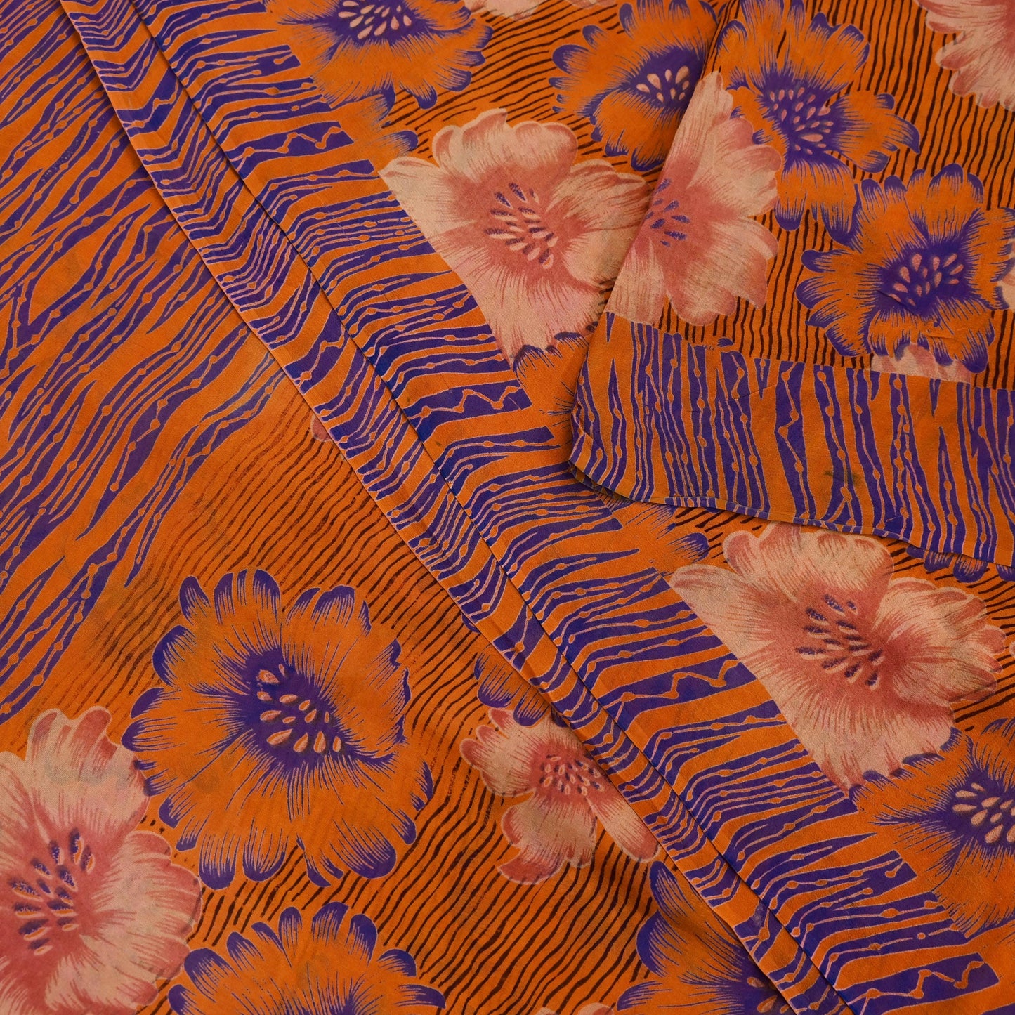 Indian Vintage Sari Orange Pure Georgette Silk Printed Sarees 6Yd Craft Fabric Sewing Quilting Dress making Crafting Dress Designing