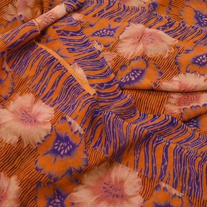 Indian Vintage Sari Orange Pure Georgette Silk Printed Sarees 6Yd Craft Fabric Sewing Quilting Dress making Crafting Dress Designing