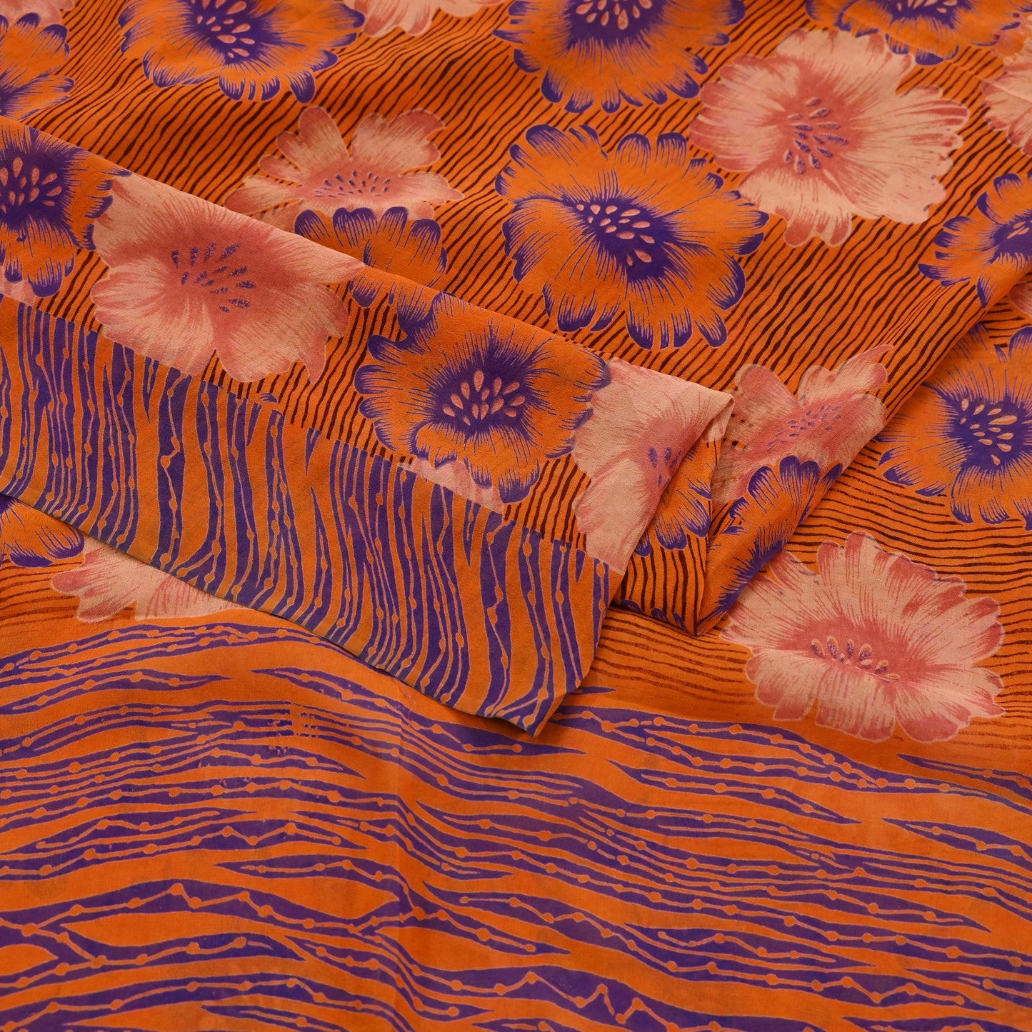 Indian Vintage Sari Orange Pure Georgette Silk Printed Sarees 6Yd Craft Fabric Sewing Quilting Dress making Crafting Dress Designing