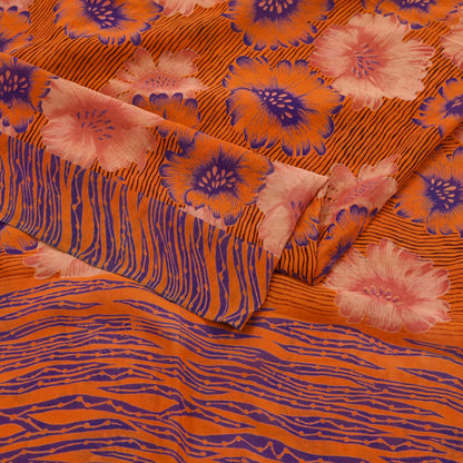Indian Vintage Sari Orange Pure Georgette Silk Printed Sarees 6Yd Craft Fabric Sewing Quilting Dress making Crafting Dress Designing