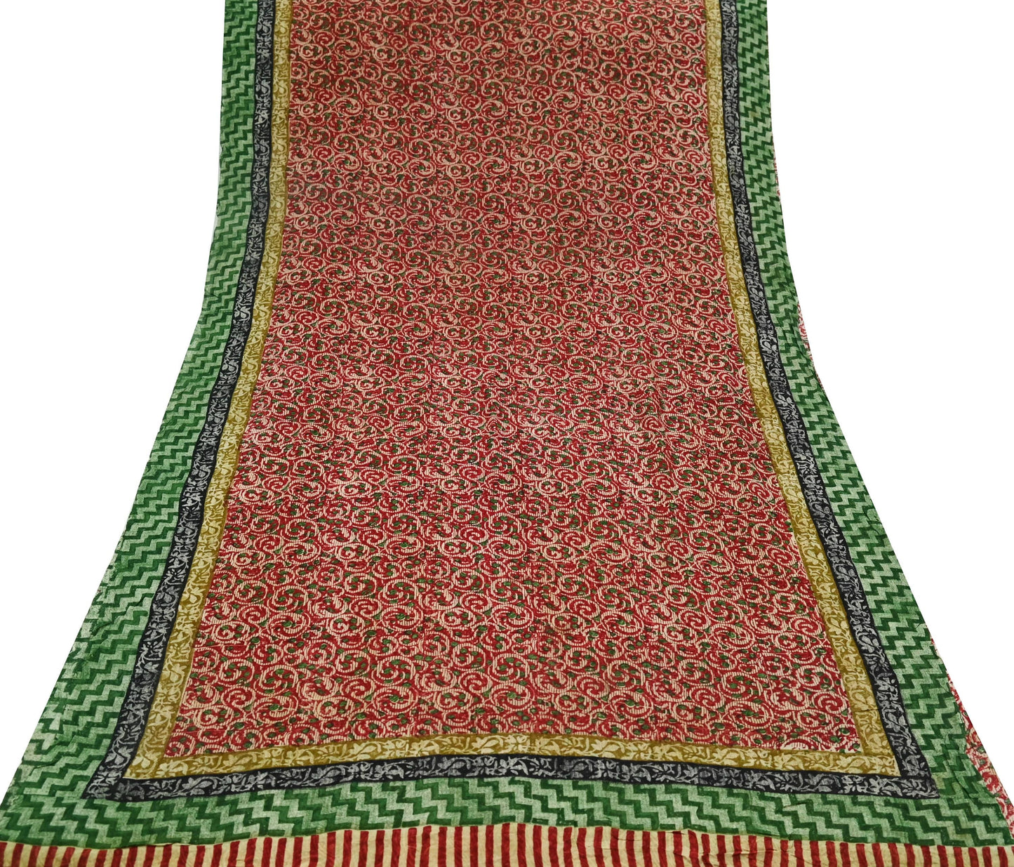Women Vintage Sari Beige & red Pure Georgette Silk Block Printed Saree Craft Fabric Sewing 5Yd Soft Light Sari Dress Making Quilting