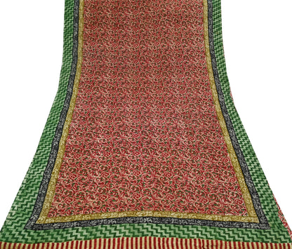 Women Vintage Sari Beige & red Pure Georgette Silk Block Printed Saree Craft Fabric Sewing 5Yd Soft Light Sari Dress Making Quilting