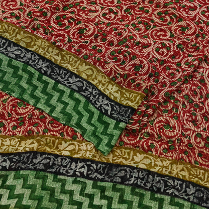 Women Vintage Sari Beige & red Pure Georgette Silk Block Printed Saree Craft Fabric Sewing 5Yd Soft Light Sari Dress Making Quilting