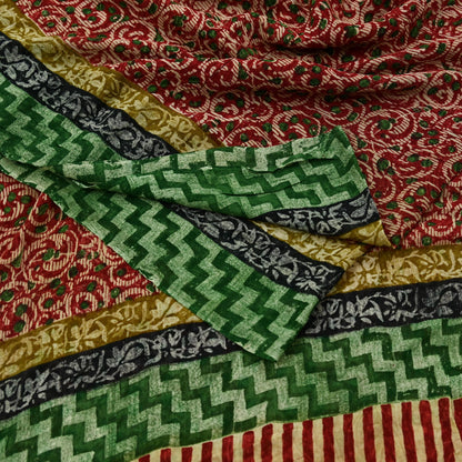 Women Vintage Sari Beige & red Pure Georgette Silk Block Printed Saree Craft Fabric Sewing 5Yd Soft Light Sari Dress Making Quilting