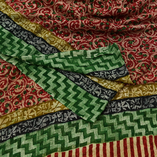 Women Vintage Sari Beige & red Pure Georgette Silk Block Printed Saree Craft Fabric Sewing 5Yd Soft Light Sari Dress Making Quilting