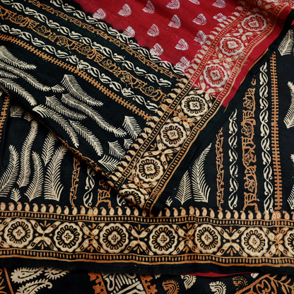 Indian Vintage Sari Black & Red Pure Silk Block Printed Sarees 5yd Sewing Craft Fabric Dress Making Soft Quilting Crafting Upcycle Used