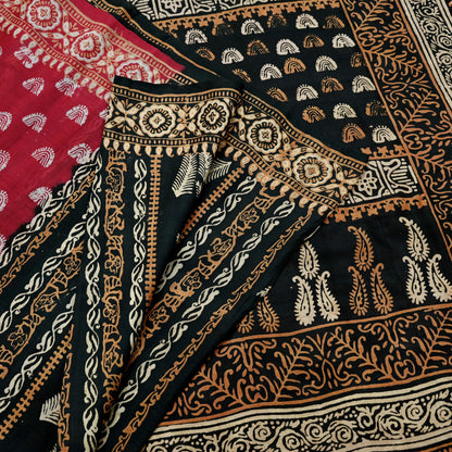 Indian Vintage Sari Black & Red Pure Silk Block Printed Sarees 5yd Sewing Craft Fabric Dress Making Soft Quilting Crafting Upcycle Used