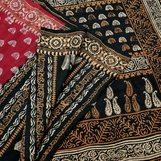 Indian Vintage Sari Black & Red Pure Silk Block Printed Sarees 5yd Sewing Craft Fabric Dress Making Soft Quilting Crafting Upcycle Used
