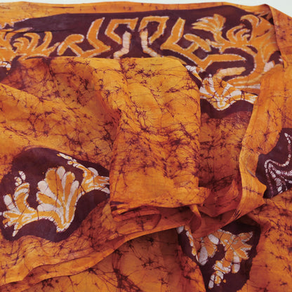 Indian Vintage Saffron & Brown Saree Batik Printed 100% Pure Cotton Sari Craft Fabric Soft 5Yd Sewing Sarong Wrap Boho Dress Making Upcycle