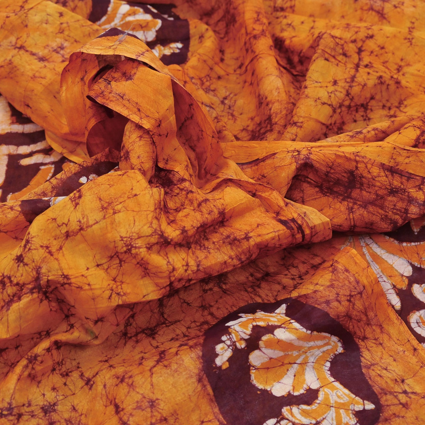 Indian Vintage Saffron & Brown Saree Batik Printed 100% Pure Cotton Sari Craft Fabric Soft 5Yd Sewing Sarong Wrap Boho Dress Making Upcycle