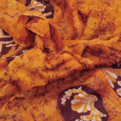 Indian Vintage Saffron & Brown Saree Batik Printed 100% Pure Cotton Sari Craft Fabric Soft 5Yd Sewing Sarong Wrap Boho Dress Making Upcycle