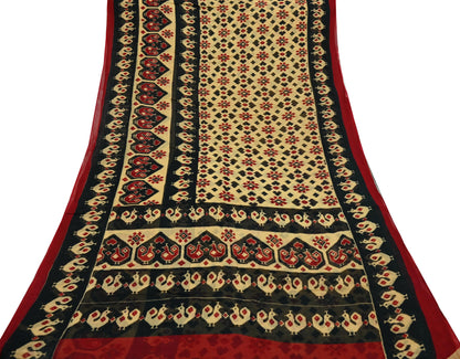 Indian Vintage Sari Beige & Black Ikat Printed Pure Cotton Sarees Craft Fabric 5Yd Sewing Sarong Wrap Boho Dress Making Quilting Upcycle
