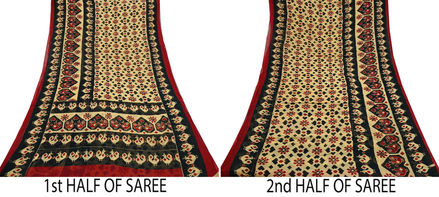 Indian Vintage Sari Beige & Black Ikat Printed Pure Cotton Sarees Craft Fabric 5Yd Sewing Sarong Wrap Boho Dress Making Quilting Upcycle