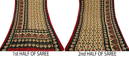 Indian Vintage Sari Beige & Black Ikat Printed Pure Cotton Sarees Craft Fabric 5Yd Sewing Sarong Wrap Boho Dress Making Quilting Upcycle
