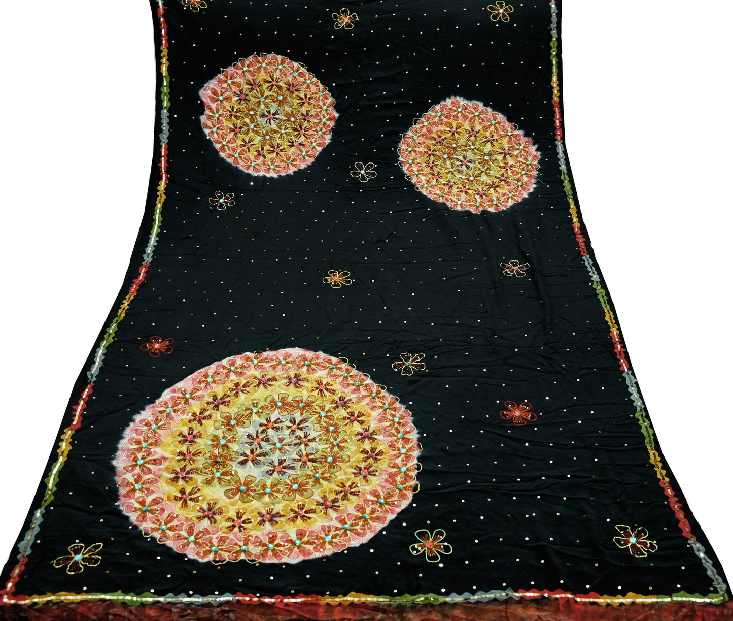 Indian Vintage Sari Black Pure Crepe Silk Hand Embroidered Saree 5yd Sewing Floral Craft Sequins Dress making Crafting Quilting