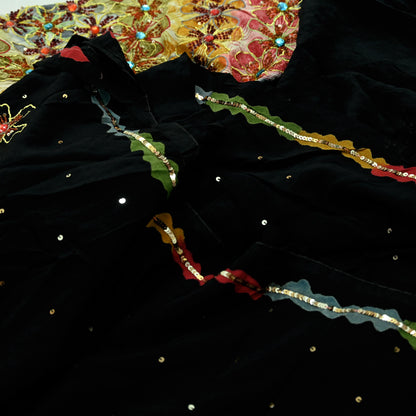 Indian Vintage Sari Black Pure Crepe Silk Hand Embroidered Saree 5yd Sewing Floral Craft Sequins Dress making Crafting Quilting